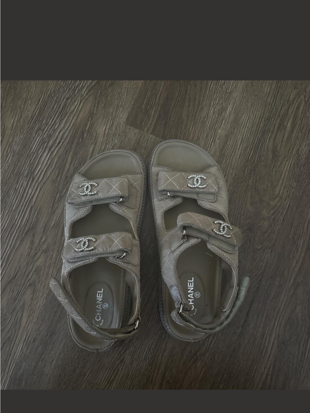 CHANEL Gray Quilted Double-Strap Logo Sandals